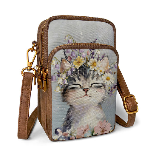 Charming kitten cellphone bag shows floral bouquet