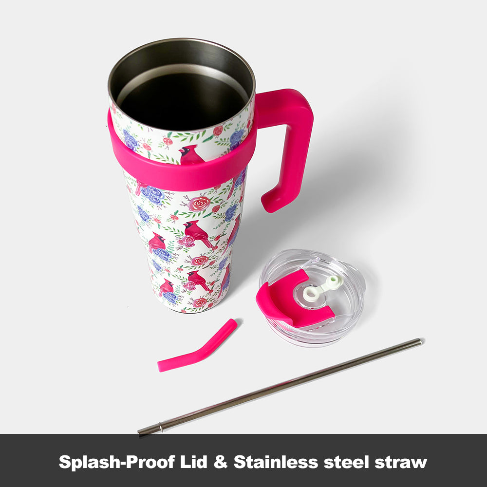 40oz Stainless Steel Tumbler with Wine Glass Pattern, Handle & Straw Lid – 100% Leak-Proof Insulated Travel Mug