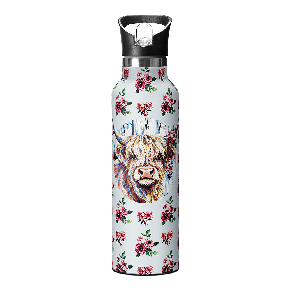25oz Stainless Steel Water Bottle with Highland Cows Design