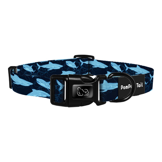 Dog Collars Shark Design on a Navy Background Bold and Adventure