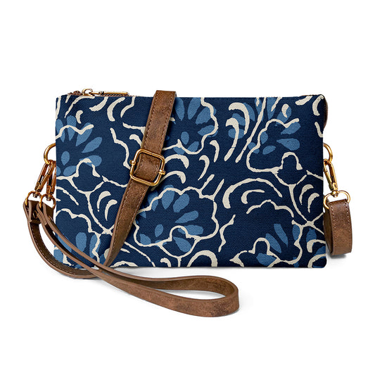Blossom crossbody shows indigo abstract florals