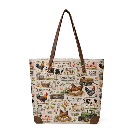 Fancy Farm Canvas Tote shows animals and tractors