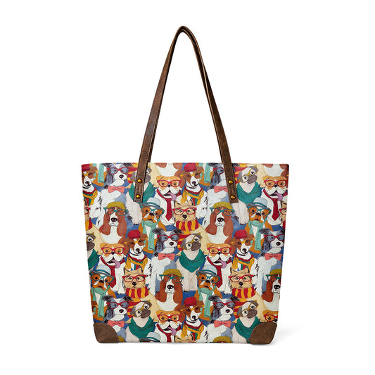 Fashionable Dogs Tote shows stylish pup portraits