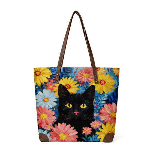 Feline Tote shows black cat in floral field