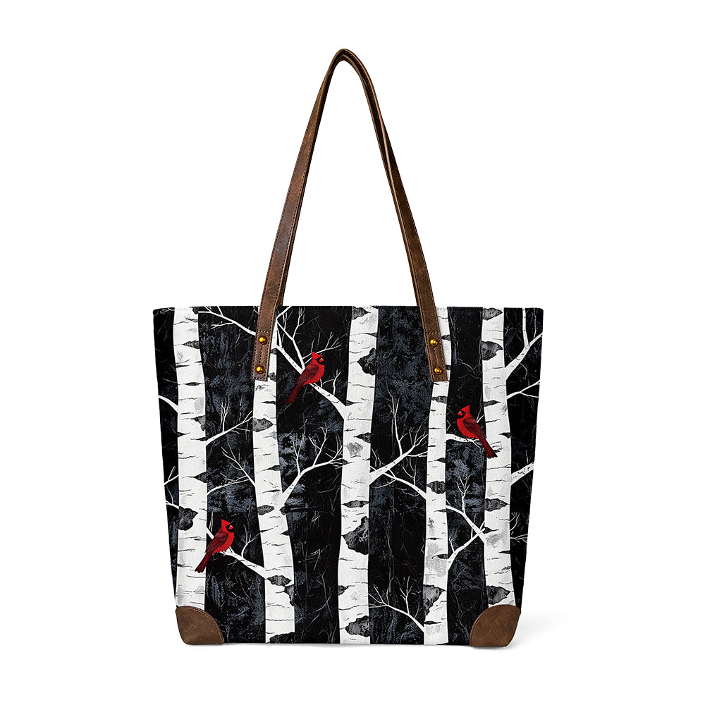 Tote shows red birds on birch branches