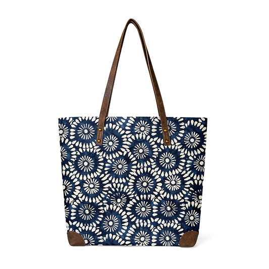 Indigo floral tote shows chic tie dye style