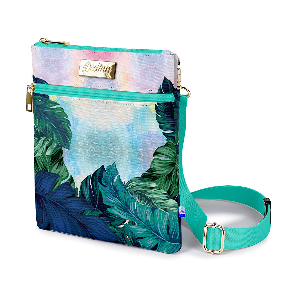 Small Green Crossbody Bag with Tropical Leaves Design