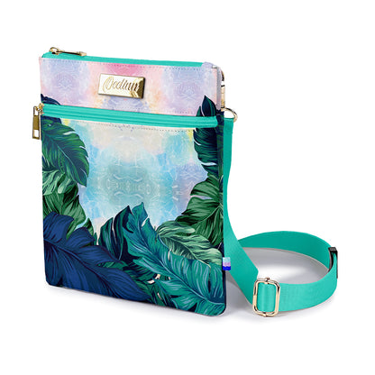 Small Green Crossbody Bag with Tropical Leaves Design