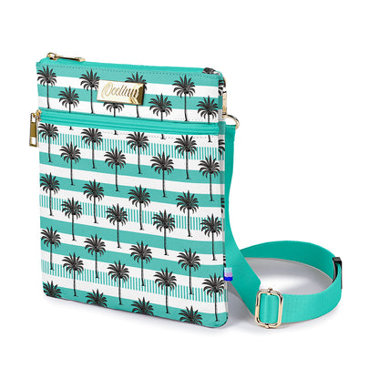 Blue and White Stripe Palm Tree Pattern Crossbody Bag  with Zipper Closure and Adjustable Strap