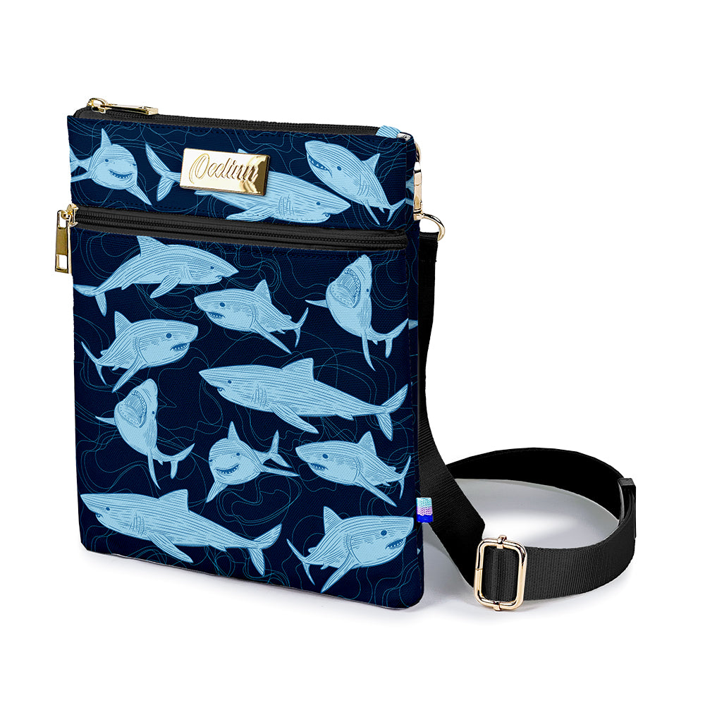 Navy Shark Pattern Design Crossbody Bag with Zipper Closure