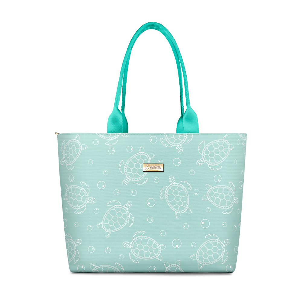 Sea Turtles Design Teal Beach Tote with Zipper