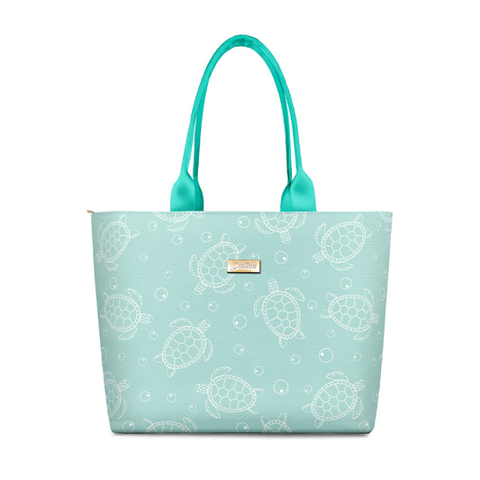 Sea Turtles Design Teal Beach Tote with Zipper