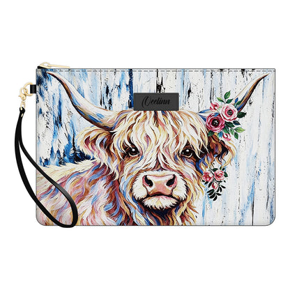 Durable and Aesthetic Highland Cow Zip Pouch Wristlet  Affordable Charm for Every Day