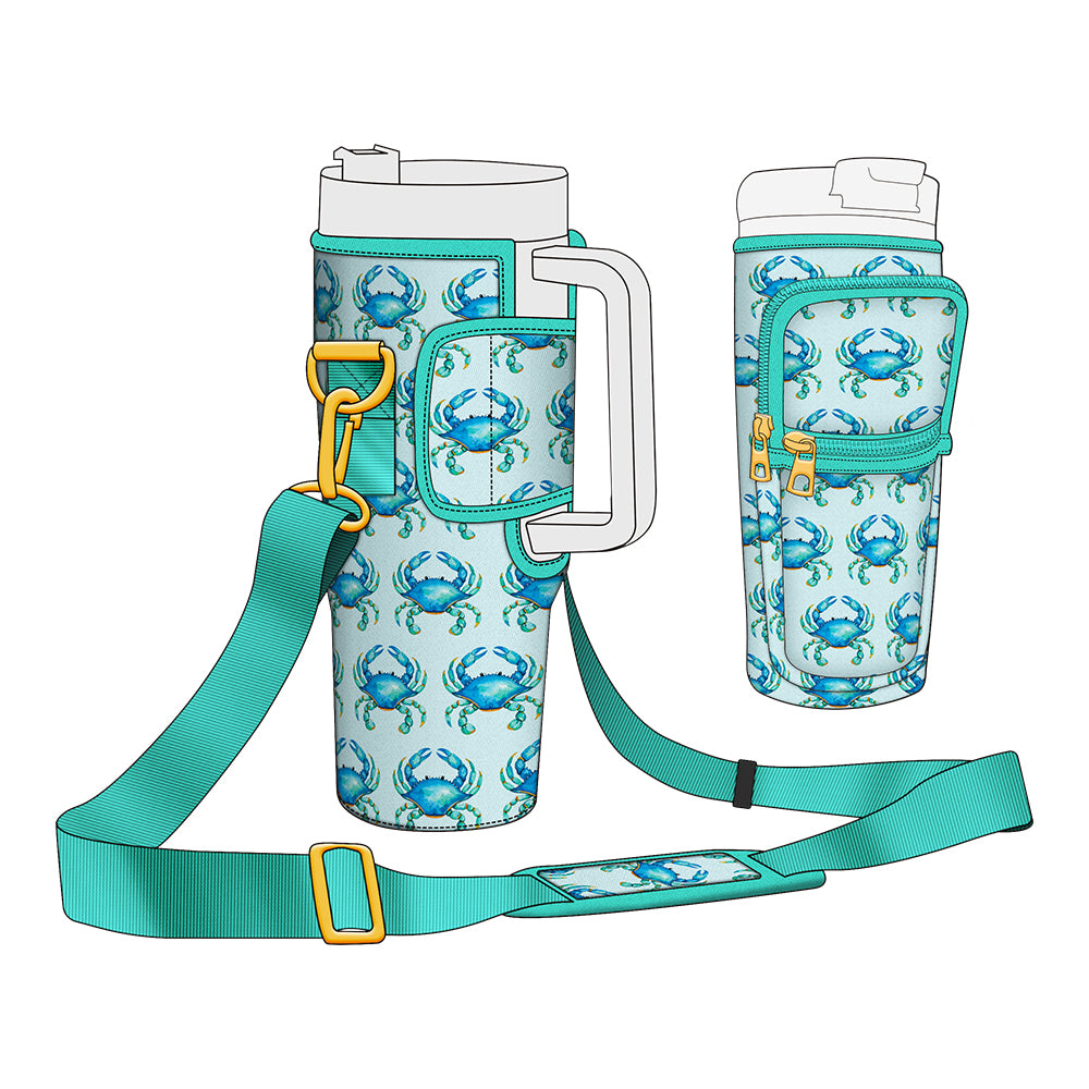 Adorable Blue Crab Design Shoulder Strap Water Bottle Holder Fits 40oz Tumbler