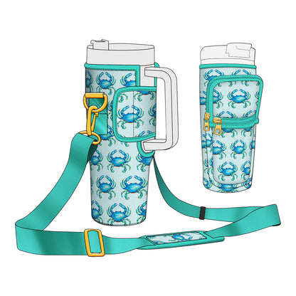 Adorable Blue Crab Design Shoulder Strap Water Bottle Holder Fits 40oz Tumbler